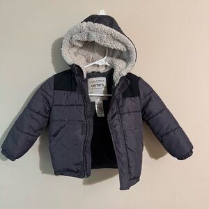 Carters 3T Boys Sherpa Hood Half Fleece Charcoal Gray/Black Winter PufferJacket